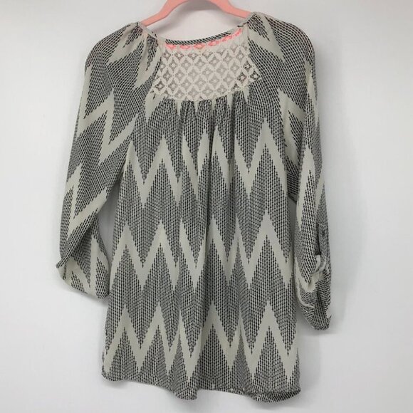 Rewind Creme chevron print peasant blouse with  neon pink pops of color XS - Picture 2 of 15